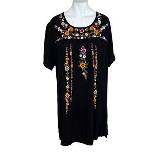 Umgee + Womens Embroidered Floral Tunic, Black, Boho, Cottagecore, Size 1XL